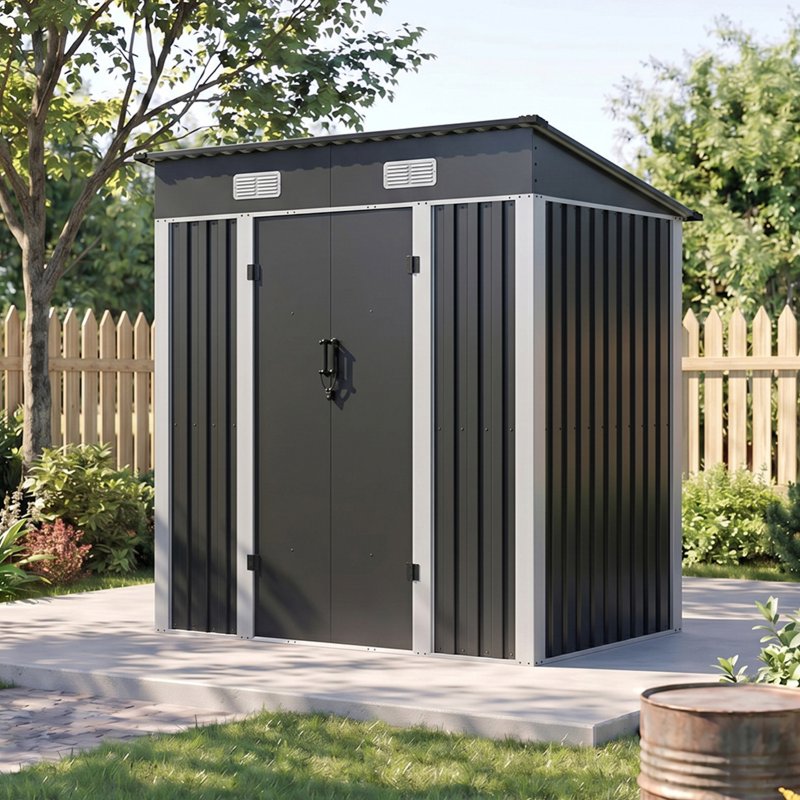 Living and Home 5.91x3.94ft Outdoor Metal Storage Shed, Pent Roof Garden Tool House with Lockable Double Doors & Vents, Black & White