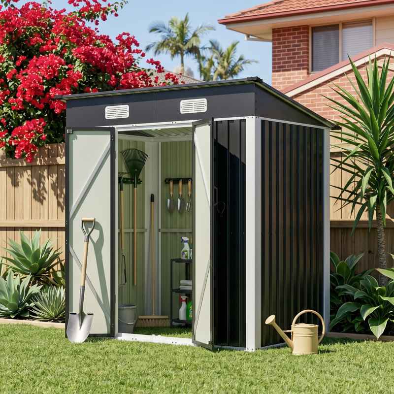 Living and Home 5.91x3.94ft Outdoor Metal Storage Shed, Pent Roof Garden Tool House with Lockable Double Doors & Vents, Black & White