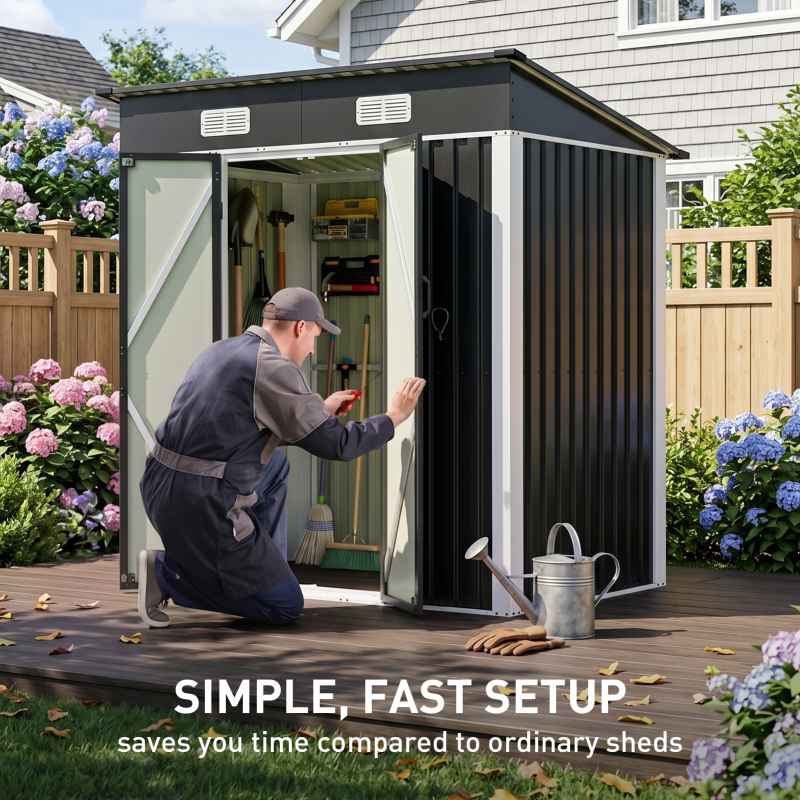 Living and Home 5.91x3.94ft Outdoor Metal Storage Shed, Pent Roof Garden Tool House with Lockable Double Doors & Vents, Black & White