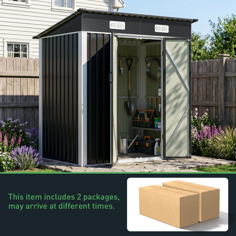 Living and Home 5.91x3.94ft Outdoor Metal Storage Shed, Pent Roof Garden Tool House with Lockable Double Doors & Vents, Black & White