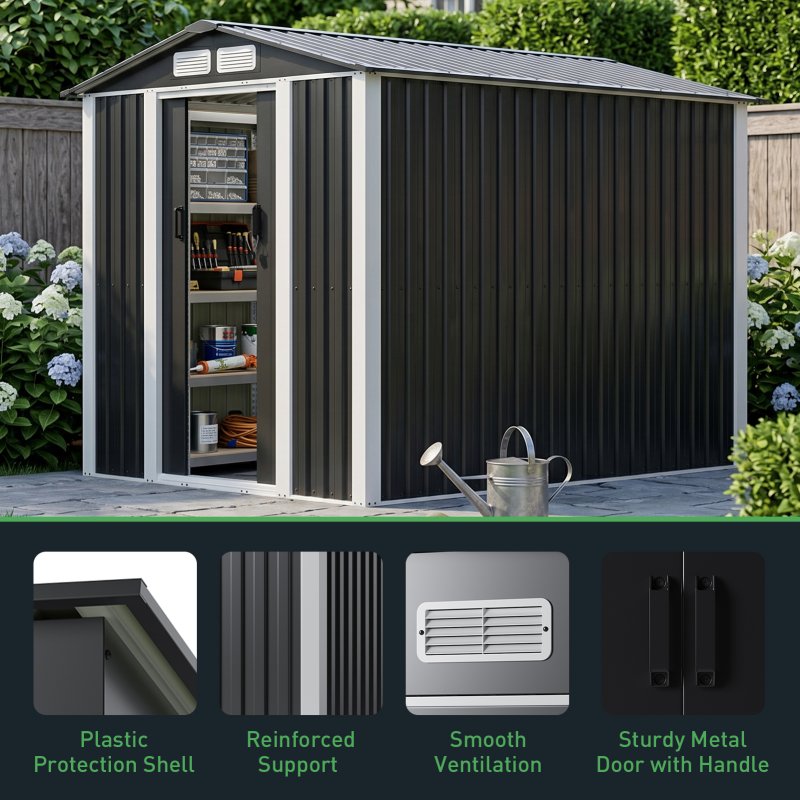 Living and Home 5.91x7.87ft Apex Roof Metal Storage Shed, Outdoor Garden Tool House with Lockable Sliding Door & Vents, Black & White