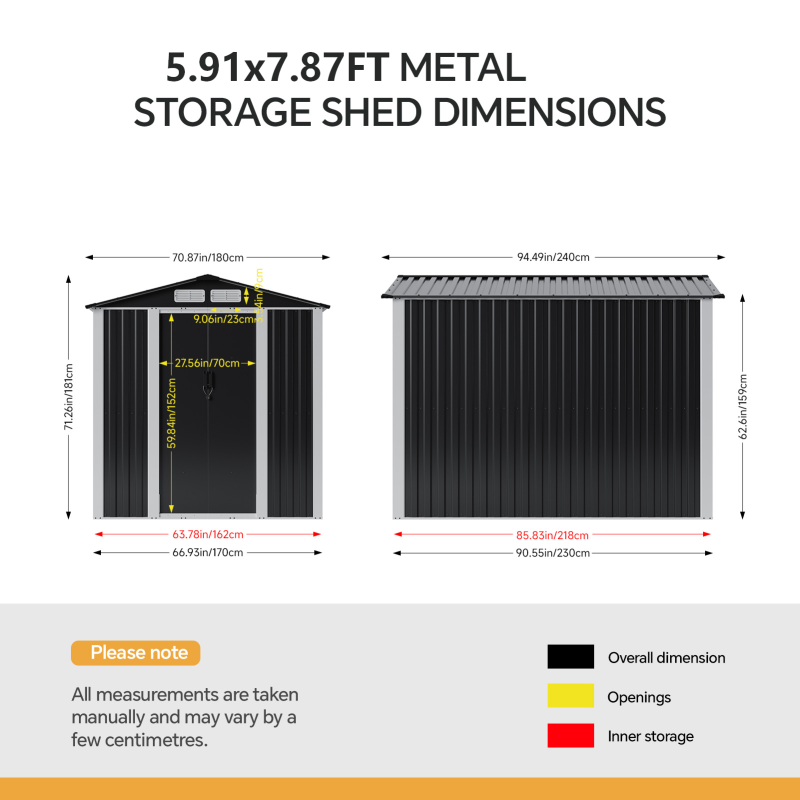 Living and Home 5.91x7.87ft Apex Roof Metal Storage Shed, Outdoor Garden Tool House with Lockable Sliding Door & Vents, Black & White