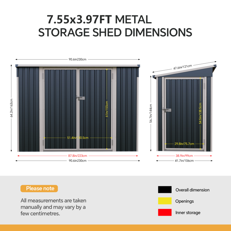Living and Home 7.55x3.97ft Pent Roof Metal Storage Shed, Outdoor Garden Tool House with Lockable Double Doors & Adjustable Shelves, Anthracite & White