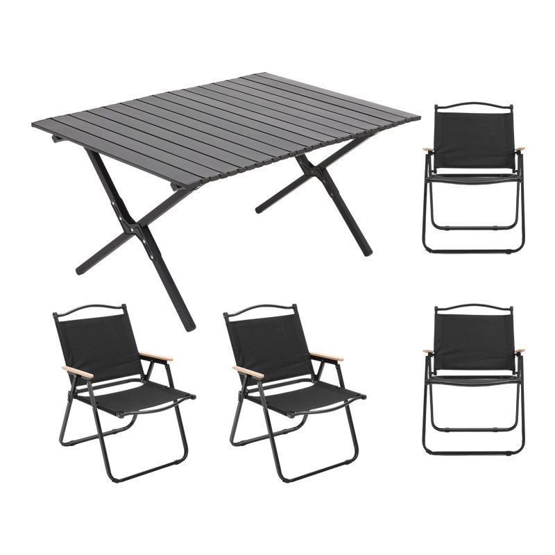 Living and Home 90cm X-Shaped Portable Folding Camping Table & Chair Set, 90cm Black Roll Top Table + 4 Folding Kermit Chairs with Wood Armrests, Outdoor Picnic Furniture with Carry Bags
