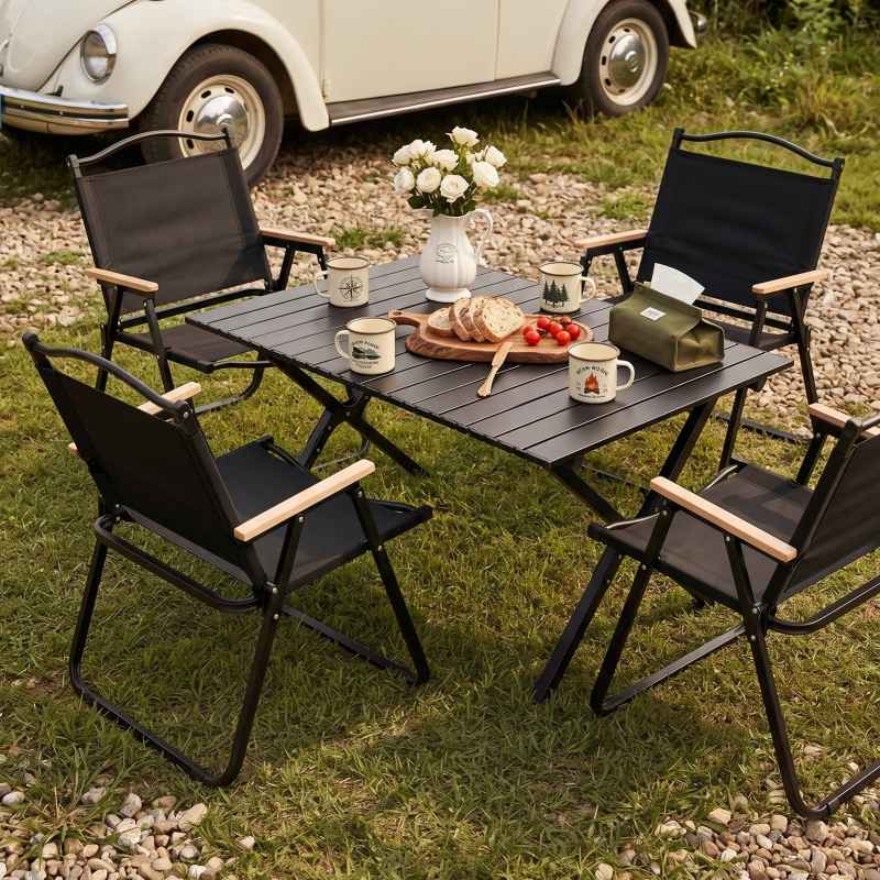 Living and Home 120cm X-Shaped Portable Folding Camping Table & Chair Set, 120cm Black Roll Top Table + 4 Folding Kermit Chairs with Wood Armrests, Outdoor Picnic Furniture with Carry Bags
