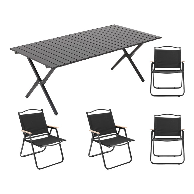 Living and Home 120cm X-Shaped Portable Folding Camping Table & Chair Set, 120cm Black Roll Top Table + 4 Folding Kermit Chairs with Wood Armrests, Outdoor Picnic Furniture with Carry Bags