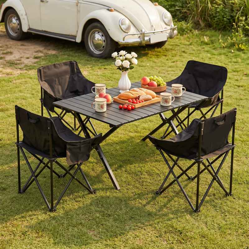 Living and Home 90cm X-Shaped Folding Camping Table & Chair Set, 90cm Black Roll Top Table + 4 Low-Back Moon Chairs, Portable Outdoor Picnic Furniture with Carry Bags