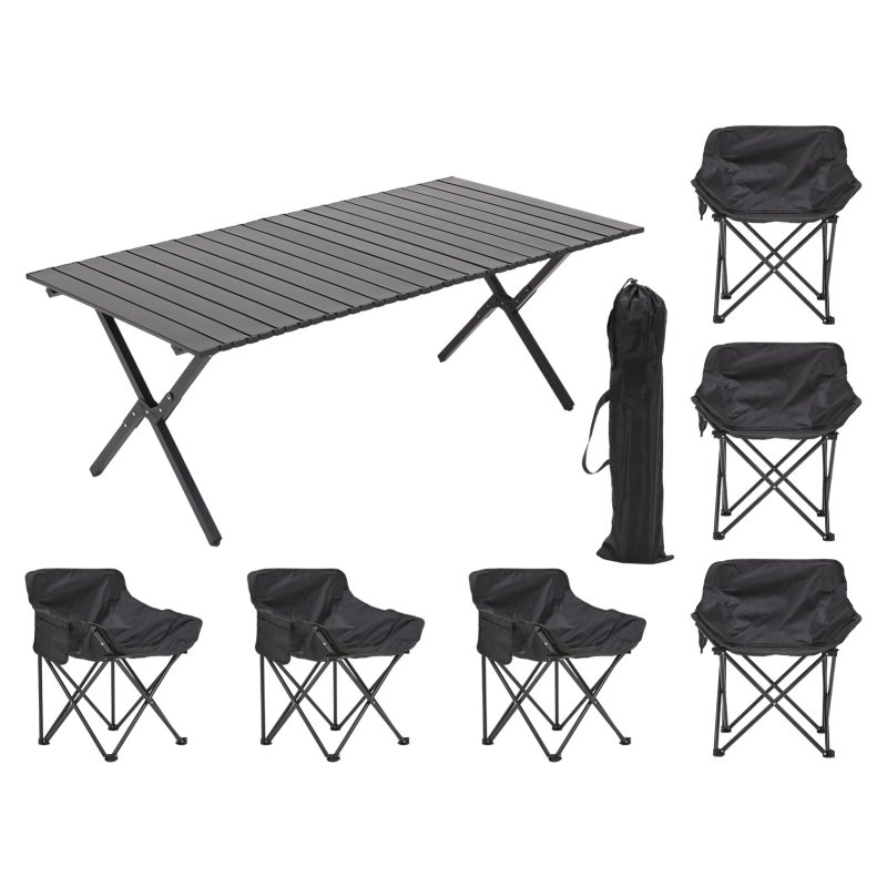 Living and Home 120cm X-Shaped Folding Camping Table & Chair Set, 120cm Black Roll Top Table + 6 Low-Back Moon Chairs, Portable Outdoor Picnic Furniture with Carry Bags