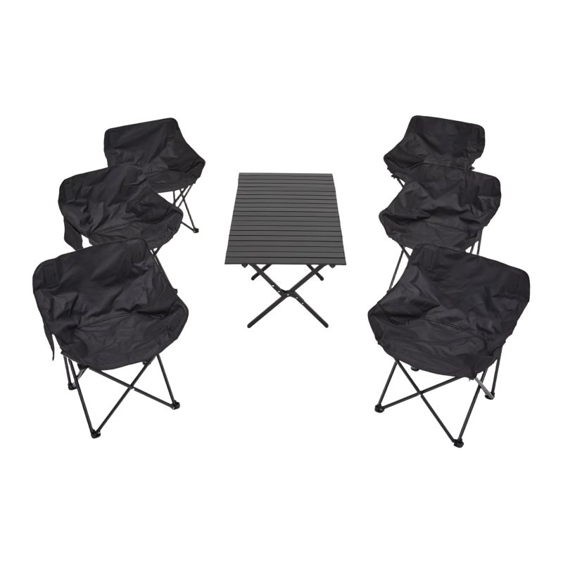 Living and Home 120cm X-Shaped Folding Camping Table & Chair Set, 120cm Black Roll Top Table + 6 Low-Back Moon Chairs, Portable Outdoor Picnic Furniture with Carry Bags