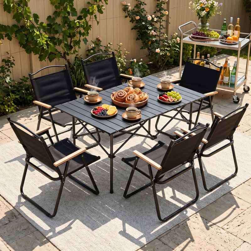 Living and Home 120cm Portable Folding Camping Table & Chair Set, 120cm Black Roll-Top Table + 6 Kermit Chairs with Wood Armrests, Outdoor Picnic Furniture with Carry Bag