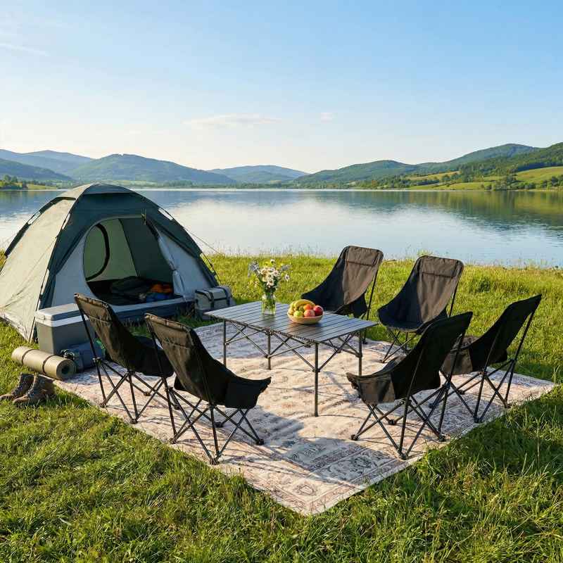 Living and Home 120cm Portable Folding Camping Table & Chair Set, 120cm Black Roll-Top Table + 6 High-Back Moon Chairs, Outdoor Picnic Furniture with Carry Bag