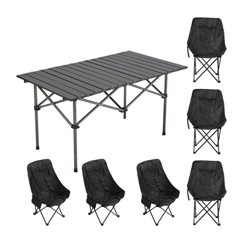 Living and Home 120cm Portable Folding Camping Table & Chair Set, 120cm Black Roll-Top Table + 6 High-Back Moon Chairs, Outdoor Picnic Furniture with Carry Bag