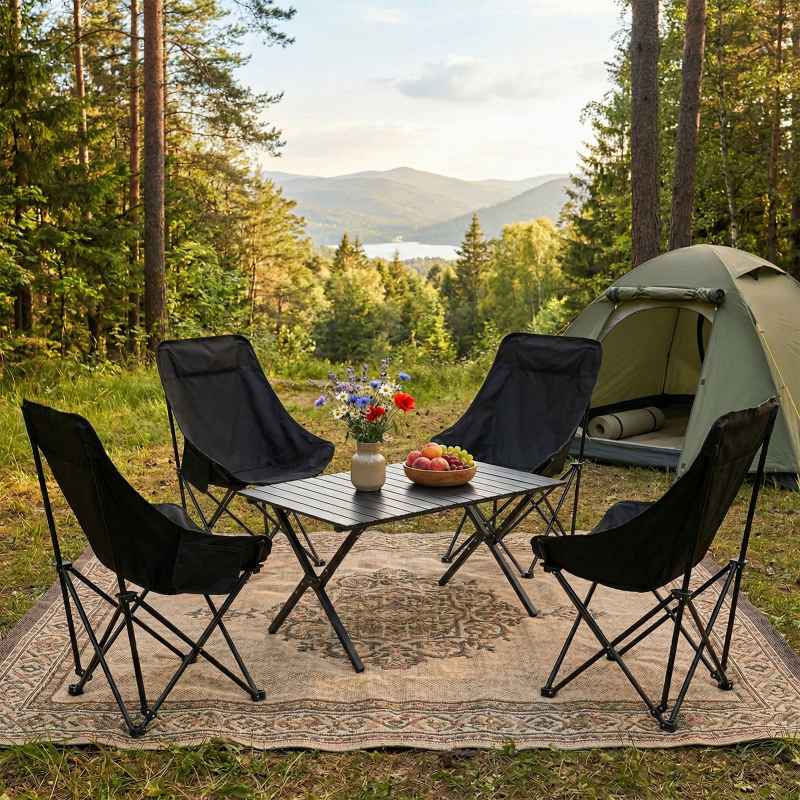Living and Home 90cm X-Shaped Folding Camping Table & Chair Set, 90cm Black Roll-Top Table + 4 High-Back Moon Chairs, Portable Outdoor Picnic Furniture with Carry Bag