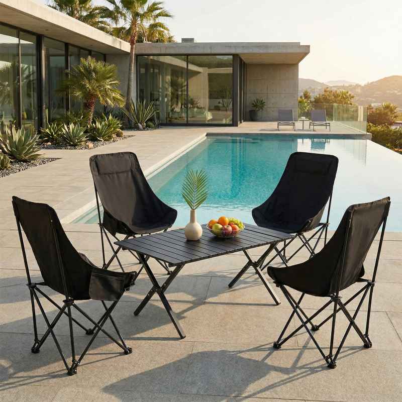 Living and Home 90cm X-Shaped Folding Camping Table & Chair Set, 90cm Black Roll-Top Table + 4 High-Back Moon Chairs, Portable Outdoor Picnic Furniture with Carry Bag