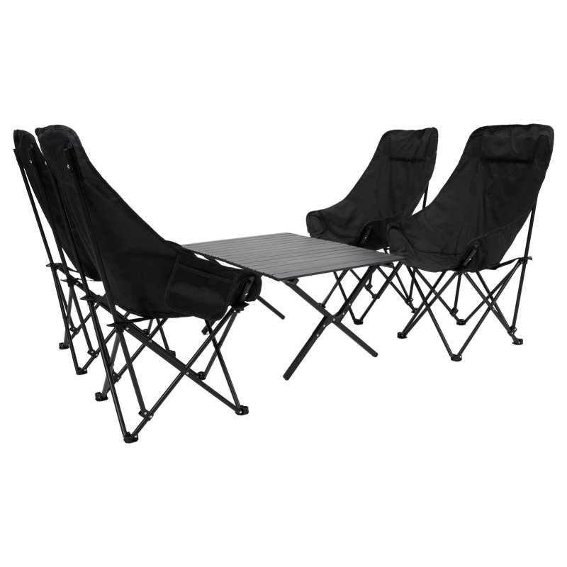 Living and Home 90cm X-Shaped Folding Camping Table & Chair Set, 90cm Black Roll-Top Table + 4 High-Back Moon Chairs, Portable Outdoor Picnic Furniture with Carry Bag