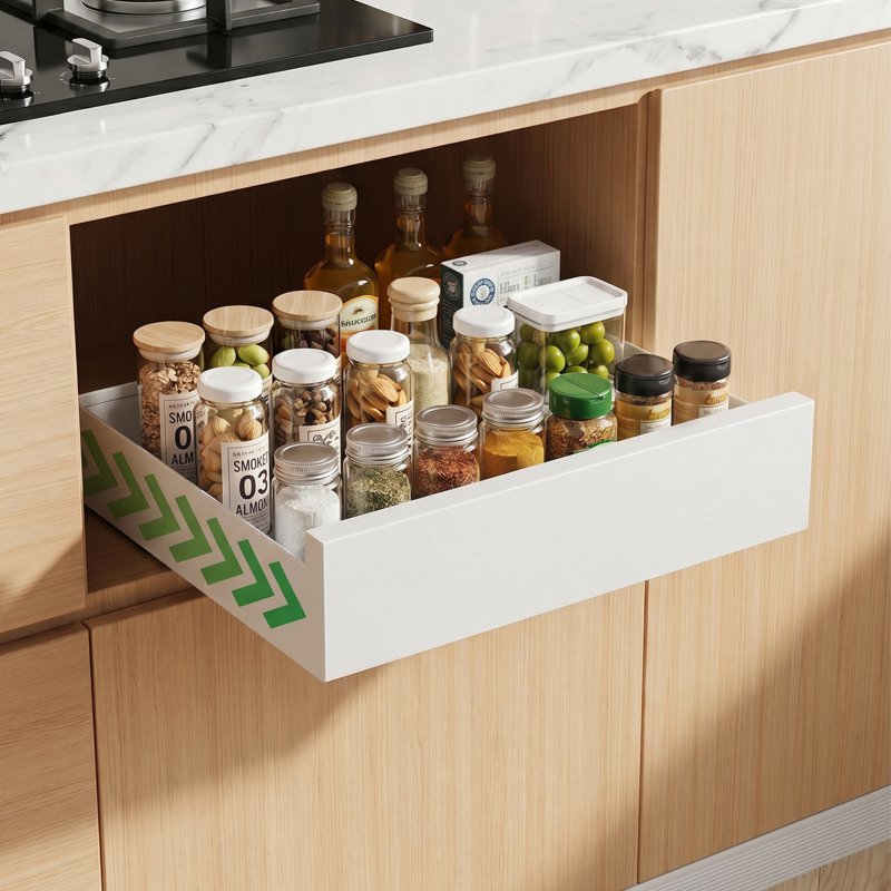 Living and Home White No Drill Pull Out Cabinet Organiser Drawer, 35cm (W) x 43cm (D) x 8cm (H)