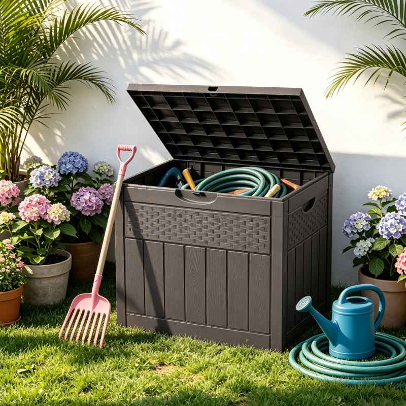 Living and Home 126L PP Garden Storage Box with Combination Padlock, Brown Rattan Texture