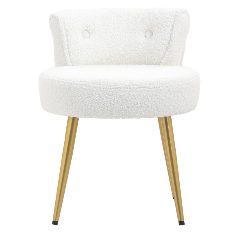 Living and Home White Teddy Fleece Vanity Stool, Button Tufted Dressing Chair with Gold Metal Legs