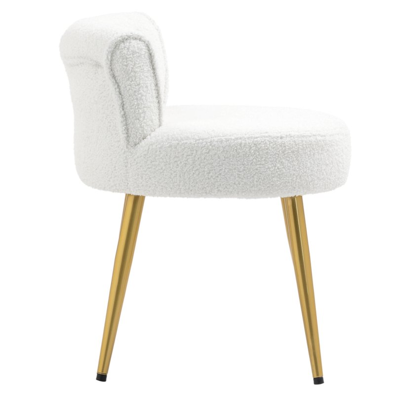 Living and Home White Teddy Fleece Vanity Stool, Button Tufted Dressing Chair with Gold Metal Legs