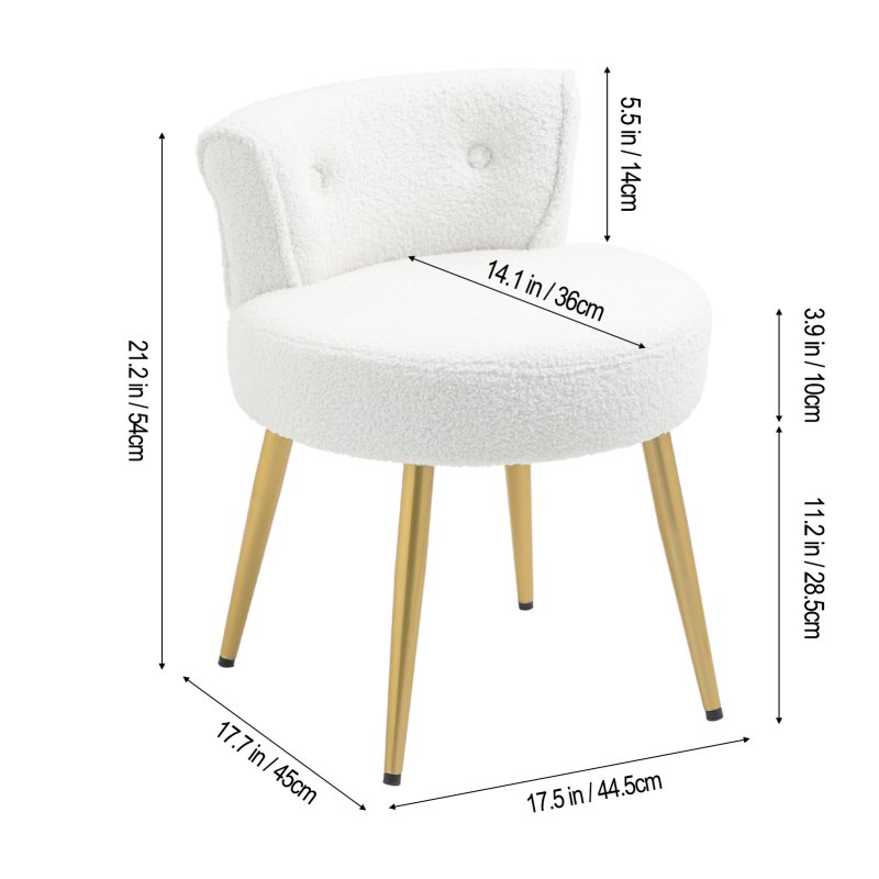 Living and Home White Teddy Fleece Vanity Stool, Button Tufted Dressing Chair with Gold Metal Legs