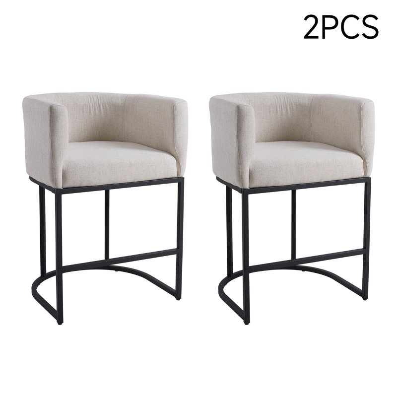 Living and Home Set of 2 Beige Chenille Upholstered Low Back Bar Stools with Black Metal Frame