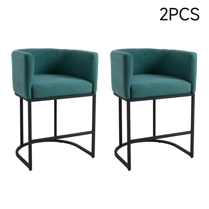 Living and Home Set of 2 Green Chenille Upholstered Low Back Bar Stools with Black Metal Frame