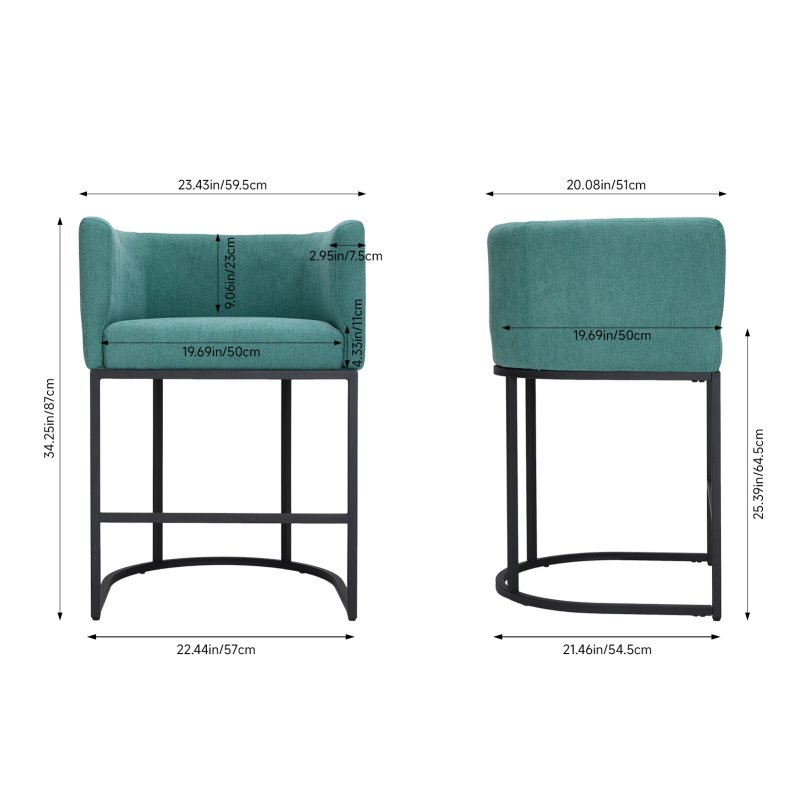 Living and Home Set of 2 Green Chenille Upholstered Low Back Bar Stools with Black Metal Frame