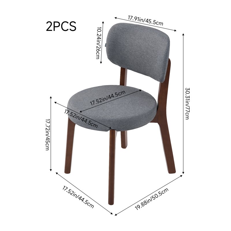 Living and Home 2Pcs Grey Upholstered Dining Chairs, Walnut Rubber Wood Frame Kitchen Side Chairs