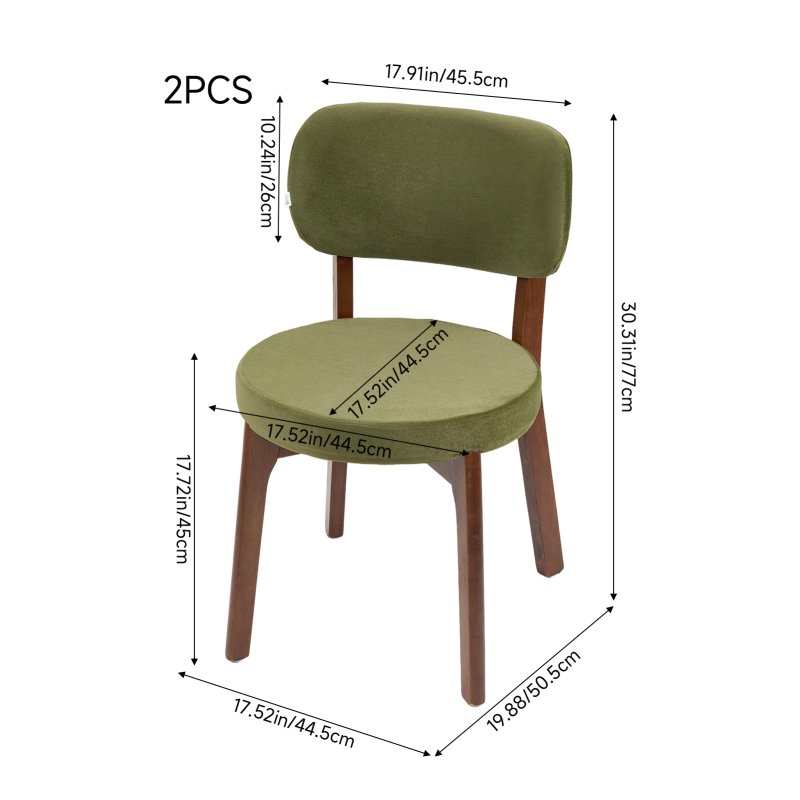 Living and Home 2Pcs Dark Green Upholstered Dining Chairs, Walnut Rubber Wood Frame Kitchen Side Chairs