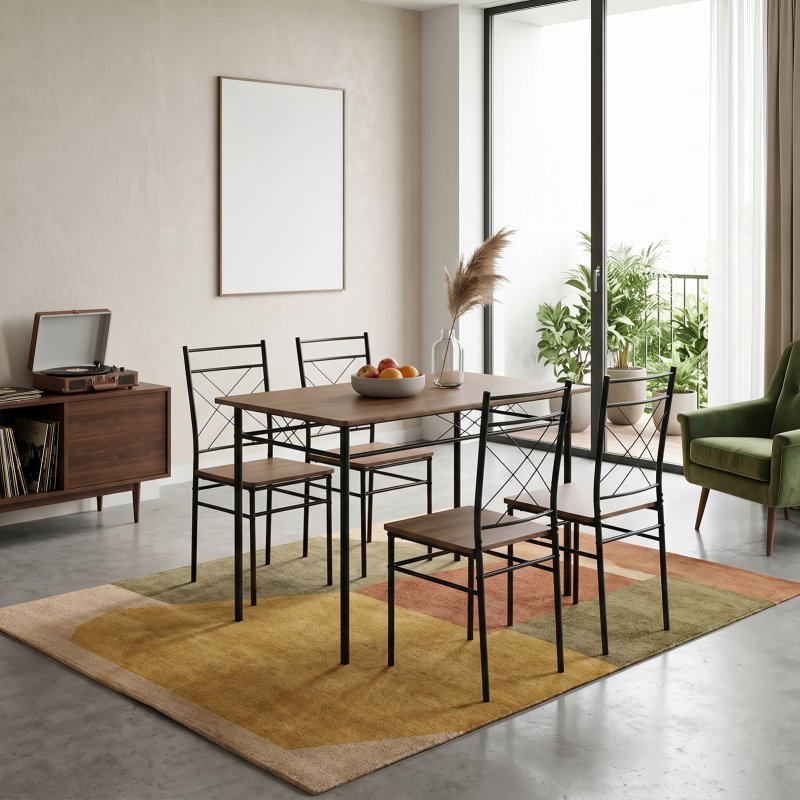 Living and Home 5 Pieces Oak Wood Grain Dining Table Set with 4 X-Back Metal Frame Dining Chairs