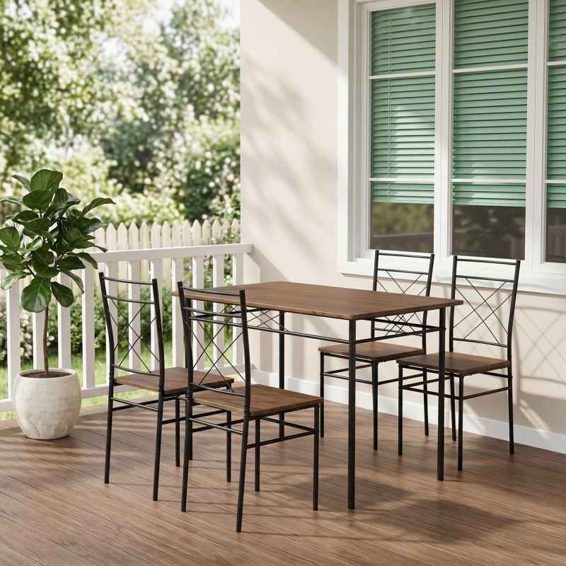 Living and Home 5 Pieces Oak Wood Grain Dining Table Set with 4 X-Back Metal Frame Dining Chairs
