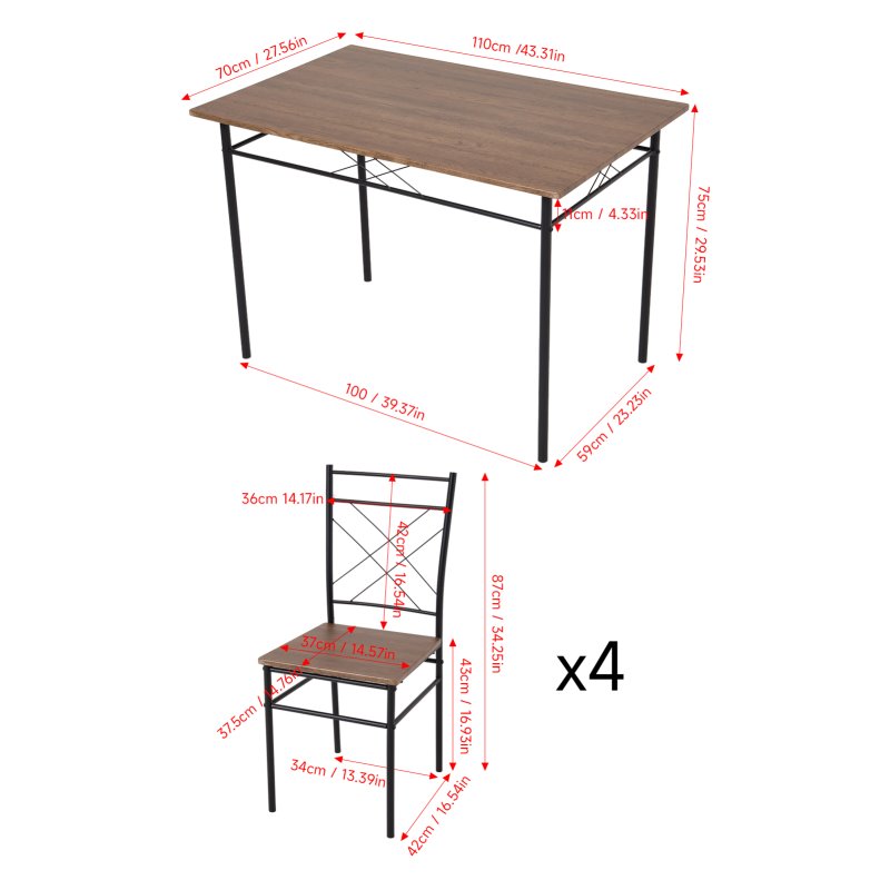 Living and Home 5 Pieces Oak Wood Grain Dining Table Set with 4 X-Back Metal Frame Dining Chairs