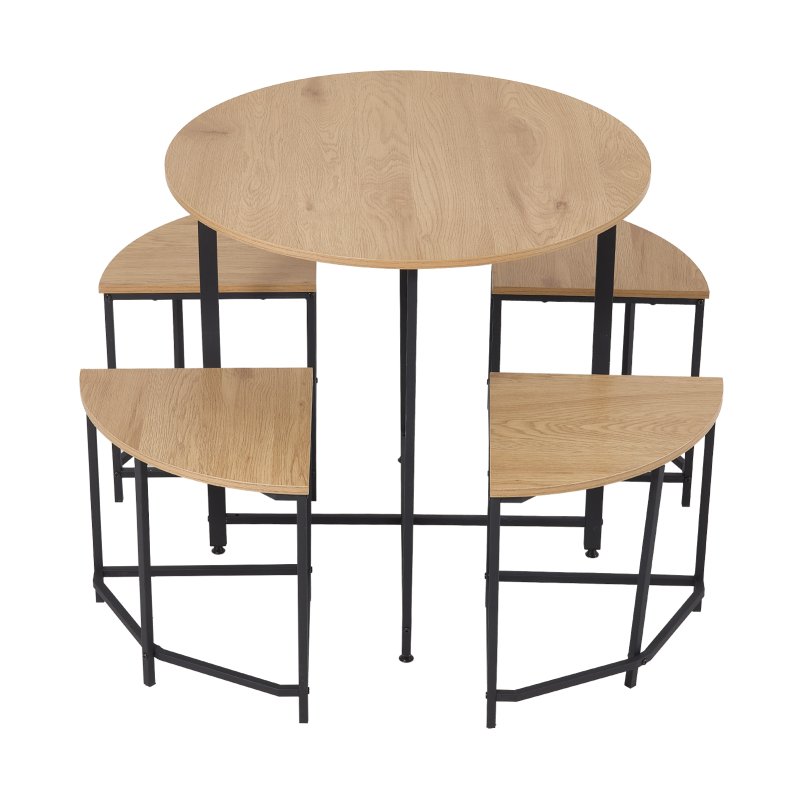 Living and Home 5 Piece Round Oak Wood Grain Dining Set with 4 Sector Space Saving Stools