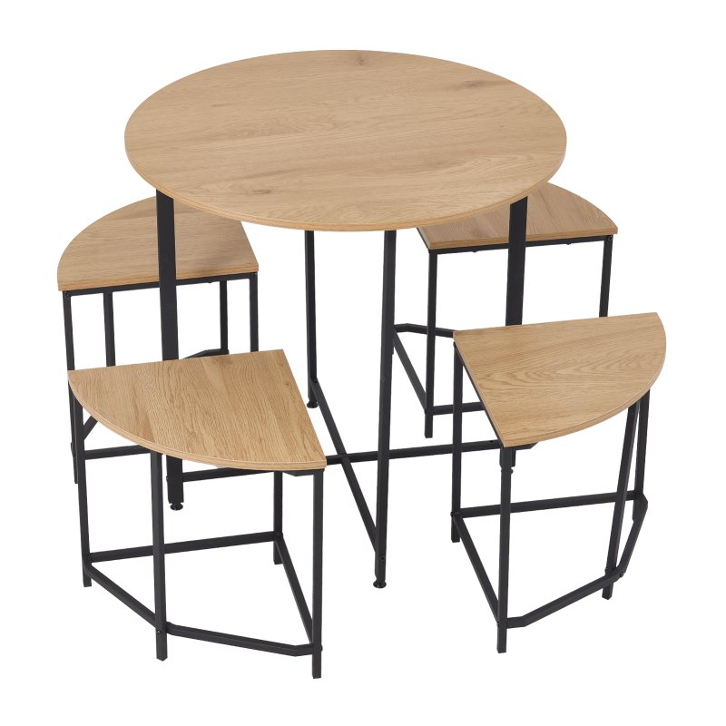Living and Home 5 Piece Round Oak Wood Grain Dining Set with 4 Sector Space Saving Stools