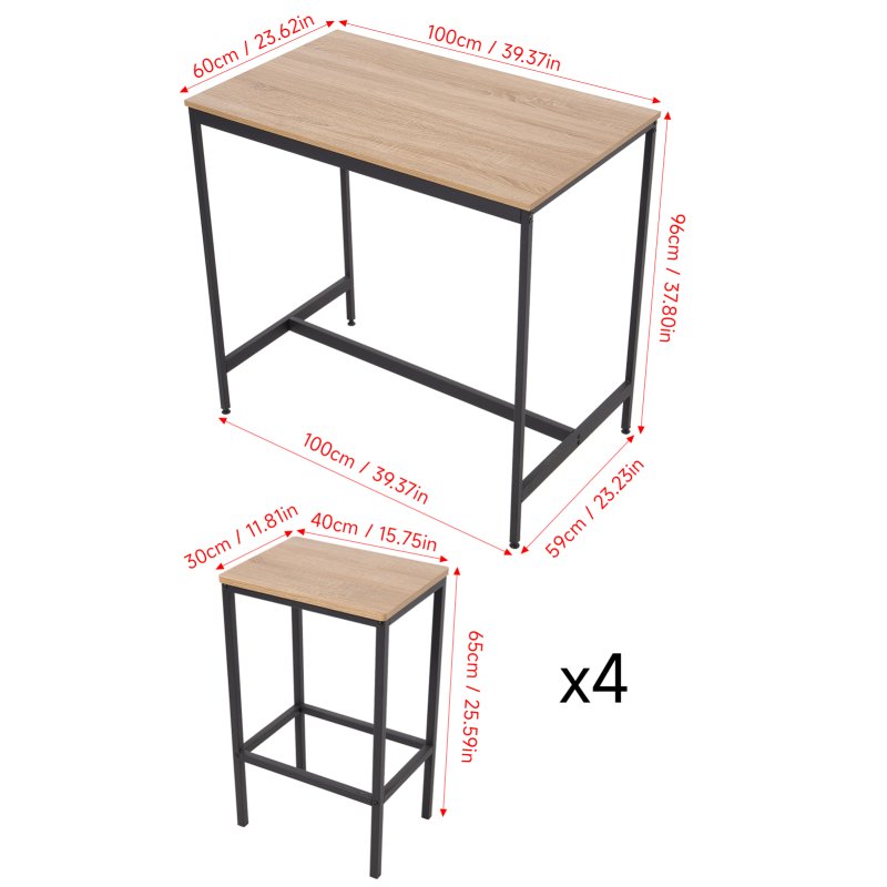 Living and Home 5 Piece Oak Wood Grain Bar Table Set with 4 Stools, Black Metal Frame Pub Dining Set