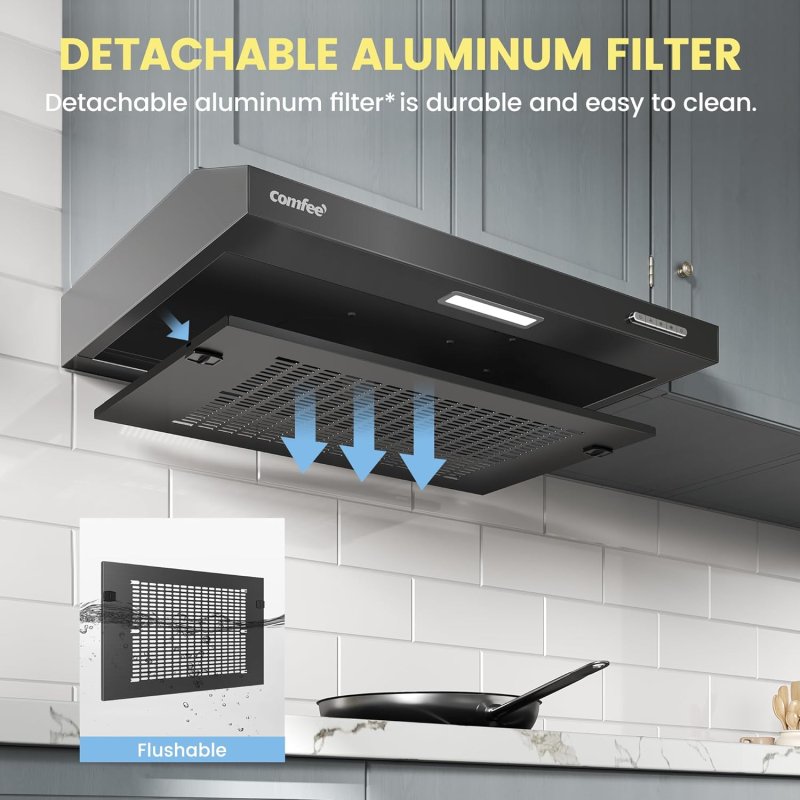Black 60cm Under Cabinet Wall-Mount Cooker Range Hood with 3-Speed Modes