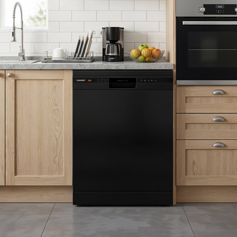Black Freestanding Dishwasher with 12 Place Settings & 6 Washing Programs