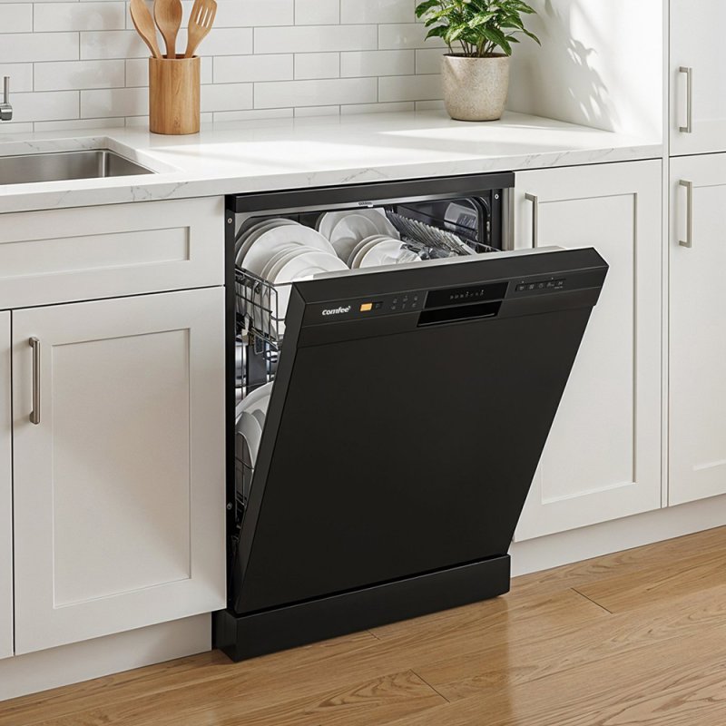 Black Freestanding Dishwasher with 12 Place Settings & 6 Washing Programs