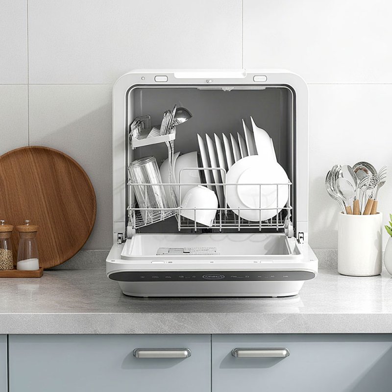 6L Water Tank Capacity White Countertop Dishwasher with A Visible Door, 3 Place Settings, 6 Modes