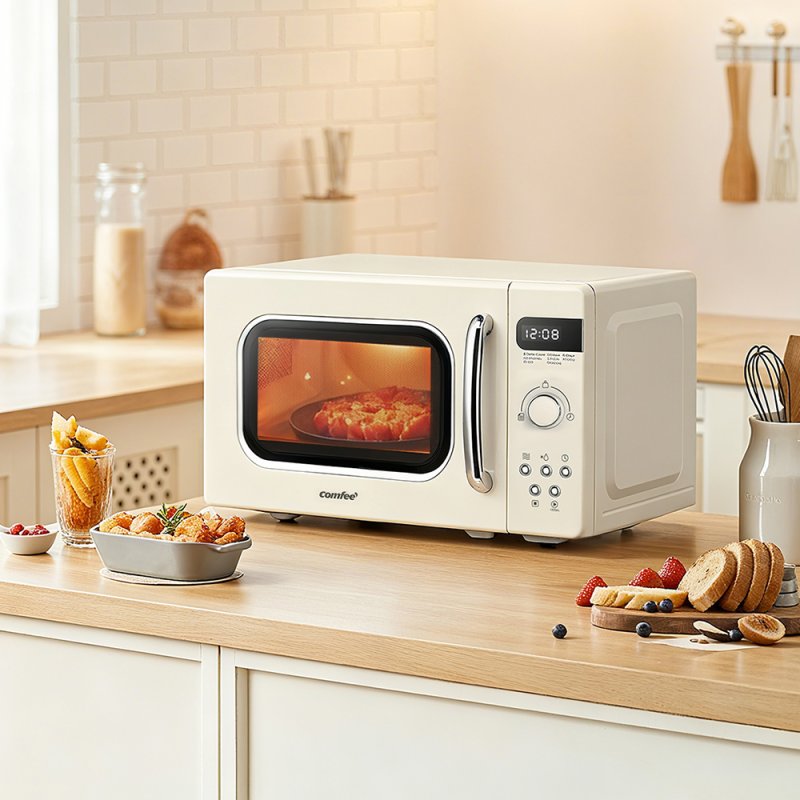 800W 20L Retro Microwave Oven with LED Display, 8 Auto Menus, 5 Cooking Power Levels