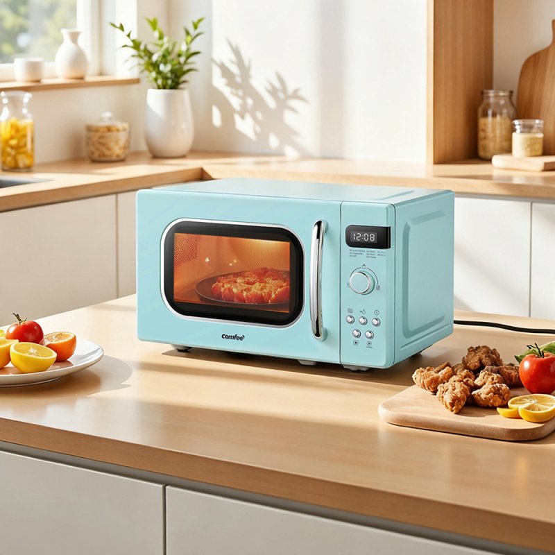 800W 20L Retro Microwave Oven with LED Display, 8 Modes, 5 Power Levels, Defrost Setting