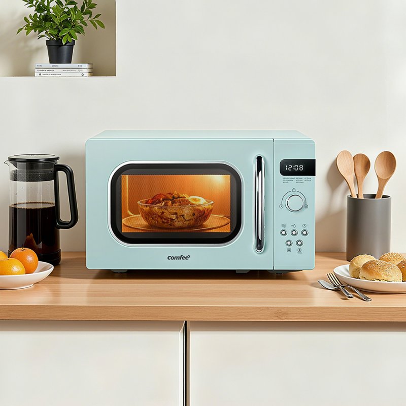 800W 20L Retro Microwave Oven with LED Display, 8 Modes, 5 Power Levels, Defrost Setting