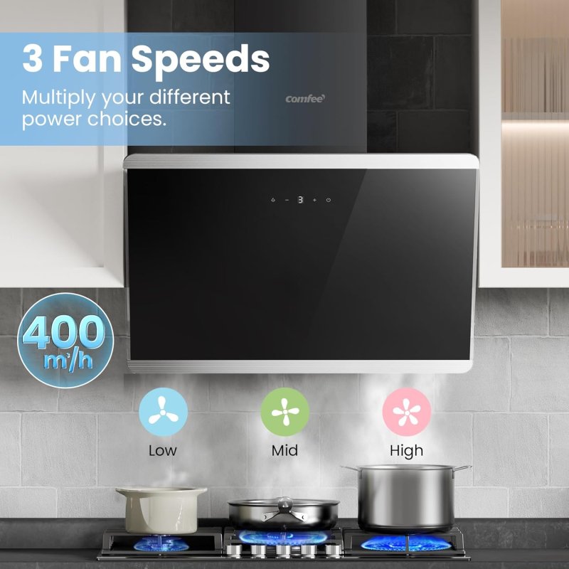 60CM Wall-mounted 3-Speed Angled Cooker Hood with Touch Screen