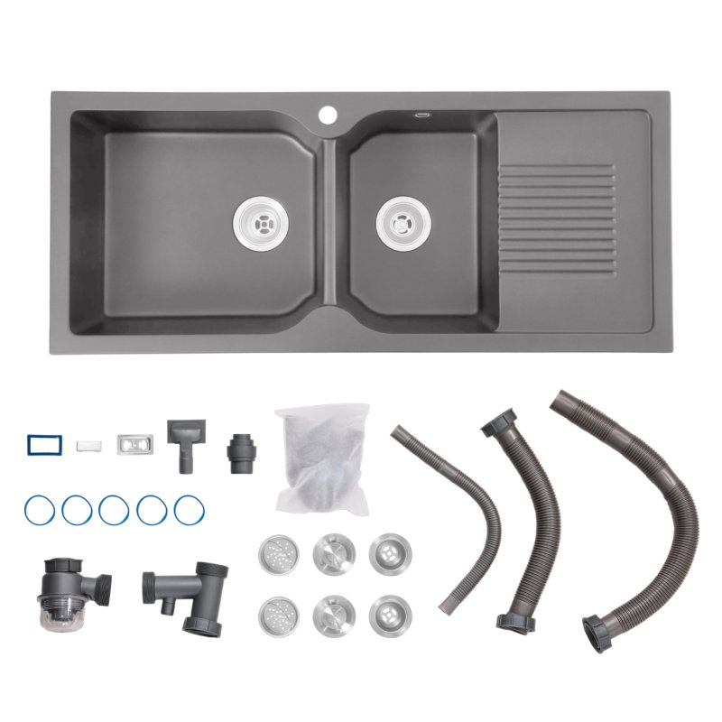 Living and Home Double Bowl Quartz Resin Composite Kitchen Sink with Waste Kit, Graphite Grey