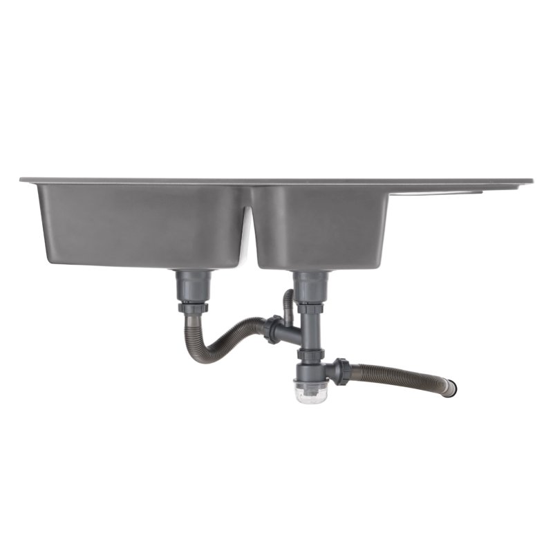 Living and Home Double Bowl Quartz Resin Composite Kitchen Sink with Waste Kit, Graphite Grey