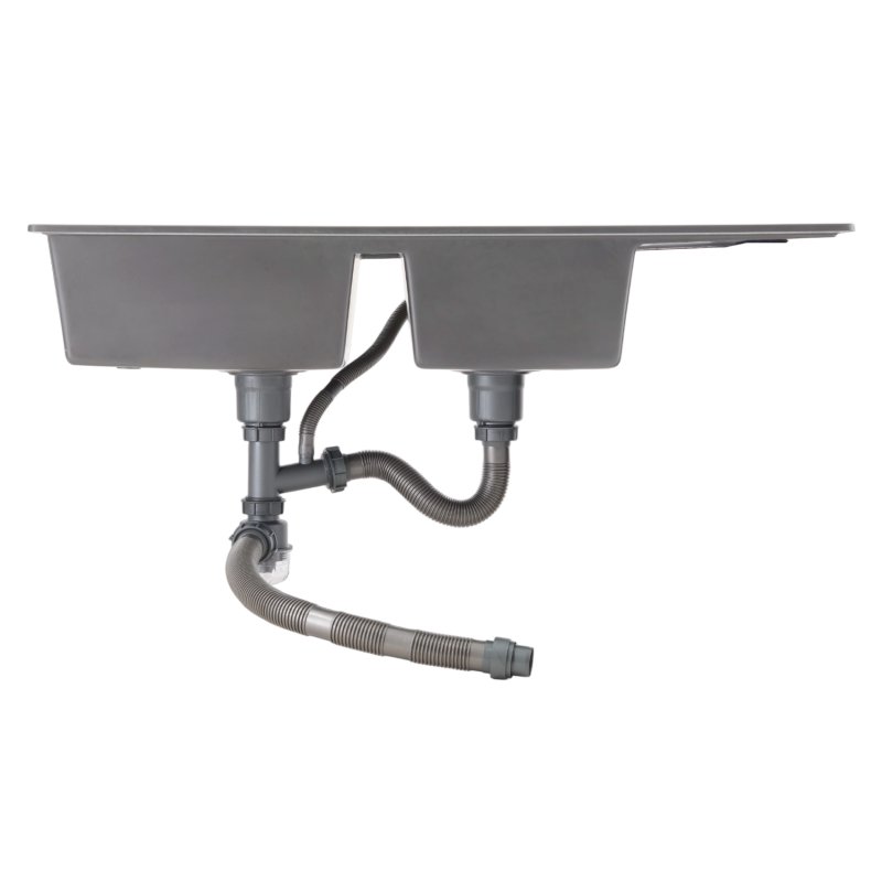 Living and Home Double Bowl Quartz Resin Composite Kitchen Sink with Waste Kit, Graphite Grey, 116cm (W) x 50cm (D) x 20cm (H)