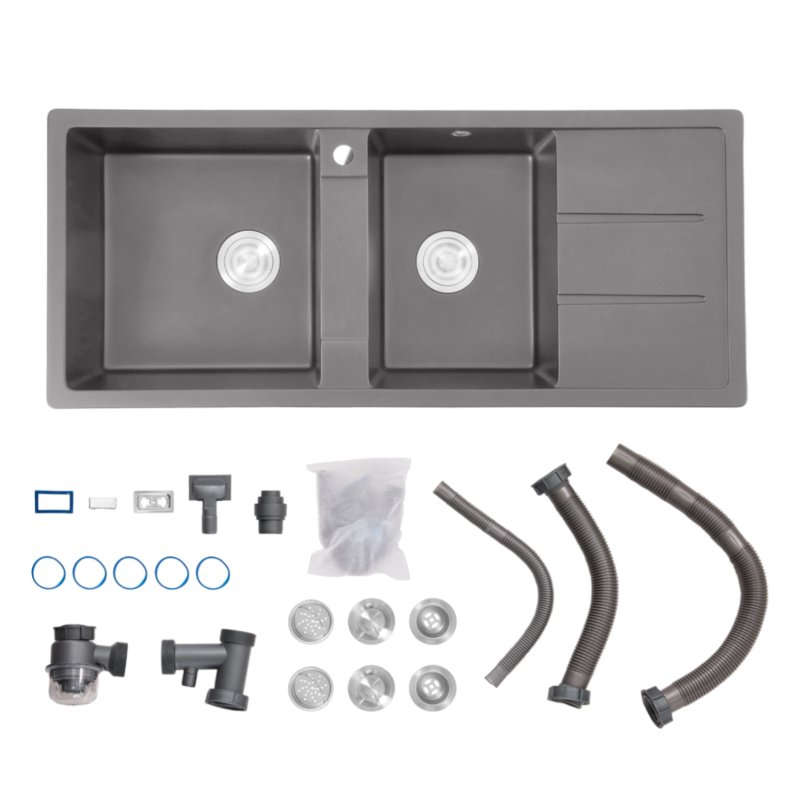 Living and Home Double Bowl Quartz Resin Composite Kitchen Sink with Waste Kit, Graphite Grey, 116cm (W) x 50cm (D) x 20cm (H)