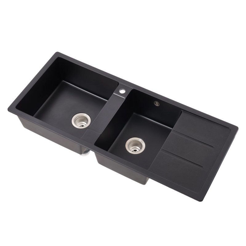Living and Home Double Bowl Quartz Resin Composite Kitchen Sink with Waste Kit, 116cm (W) x 50cm (D) x 20cm (H), Black