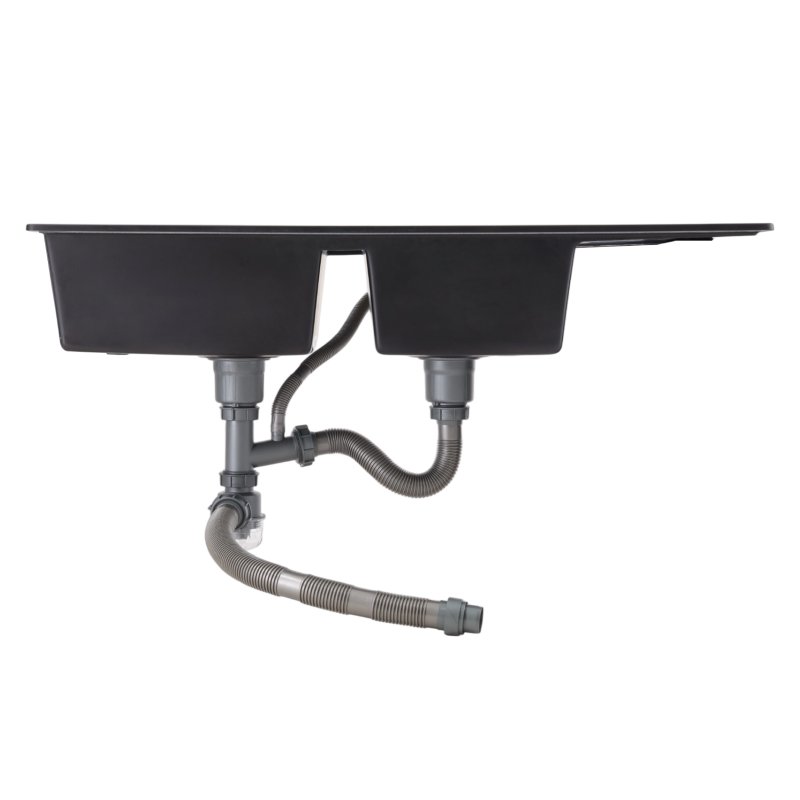 Living and Home Double Bowl Quartz Resin Composite Kitchen Sink with Waste Kit, 116cm (W) x 50cm (D) x 20cm (H), Black