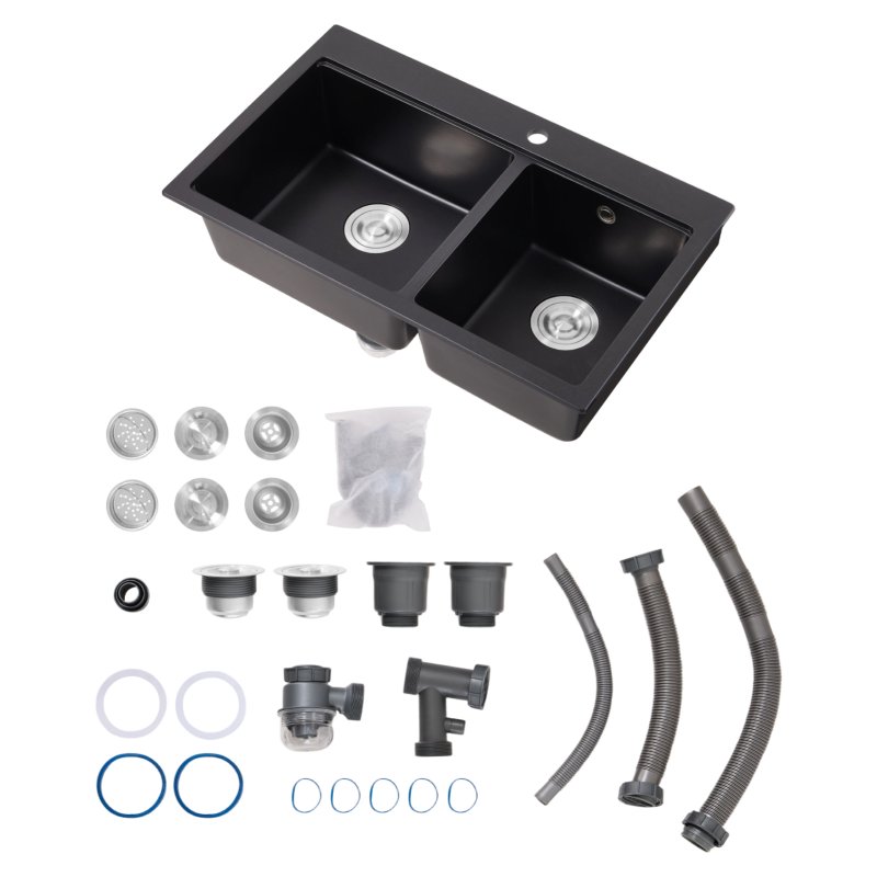 Living and Home Modern Quartz Resin Composite Kitchen Sink with Waste Kit, 80cm W x 48cm D x 21cm H, Black